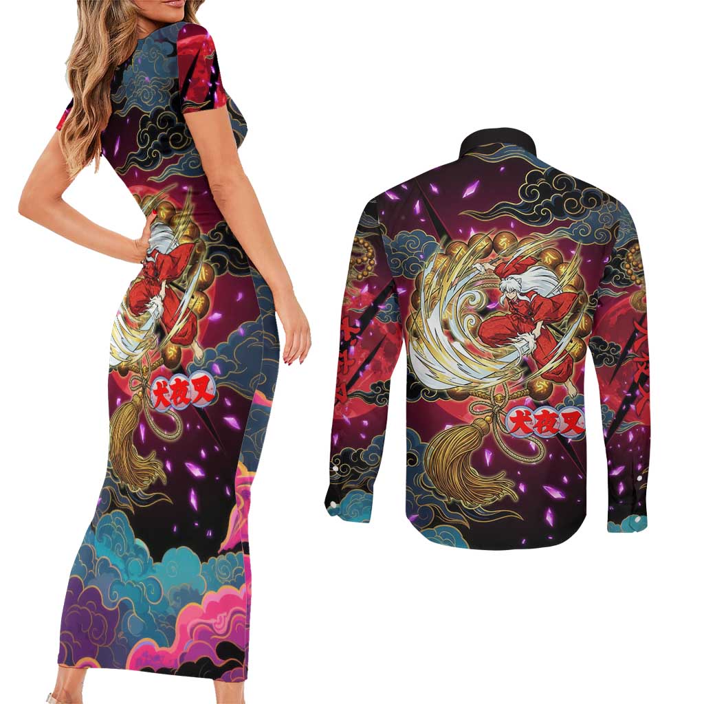 Inuyasha Demon Slayer Warrior Couples Matching Short Sleeve Bodycon Dress and Long Sleeve Button Shirt Japanese Tattoo Art Style with Fiery Claw Marks