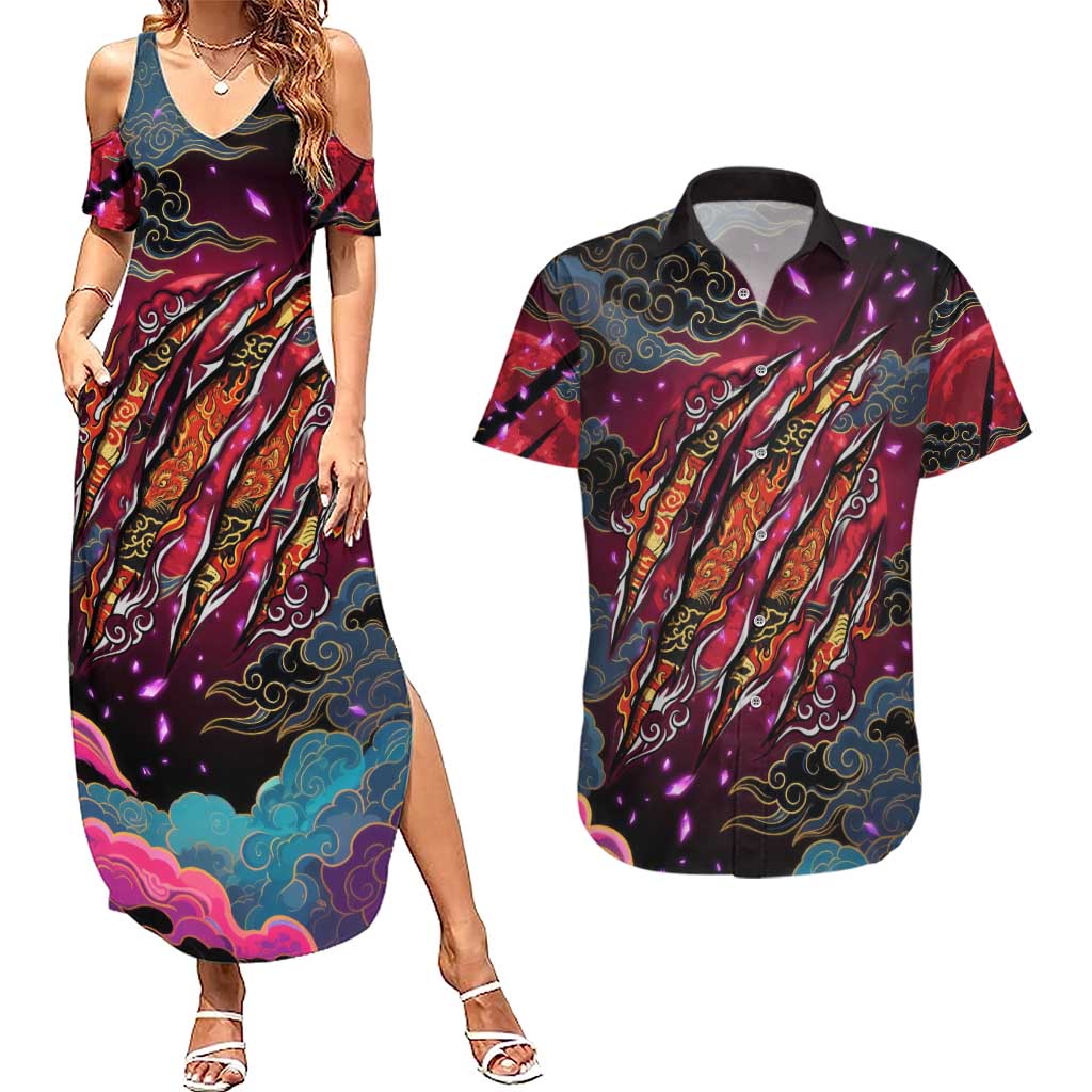 Inuyasha Demon Slayer Warrior Couples Matching Summer Maxi Dress and Hawaiian Shirt Japanese Tattoo Art Style with Fiery Claw Marks