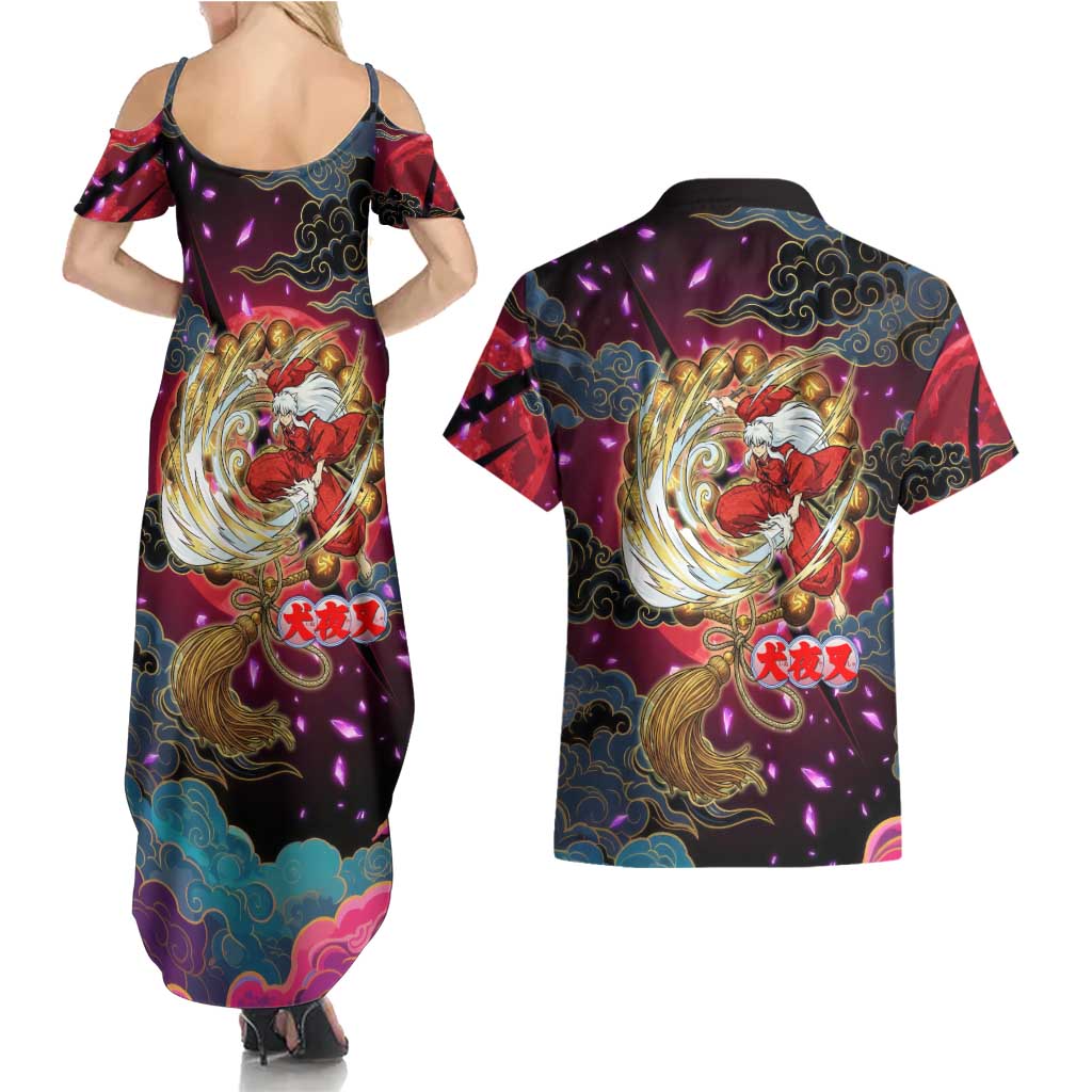 Inuyasha Demon Slayer Warrior Couples Matching Summer Maxi Dress and Hawaiian Shirt Japanese Tattoo Art Style with Fiery Claw Marks