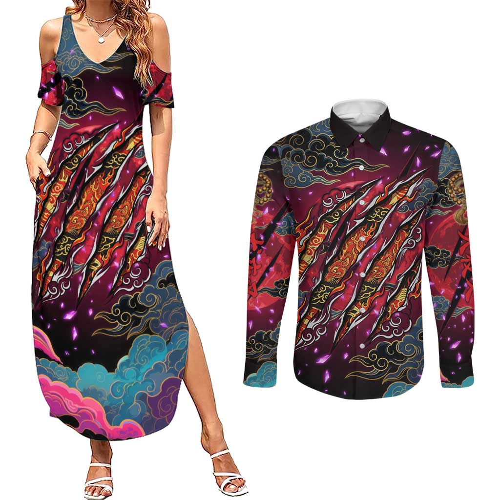 Inuyasha Demon Slayer Warrior Couples Matching Summer Maxi Dress and Long Sleeve Button Shirt Japanese Tattoo Art Style with Fiery Claw Marks
