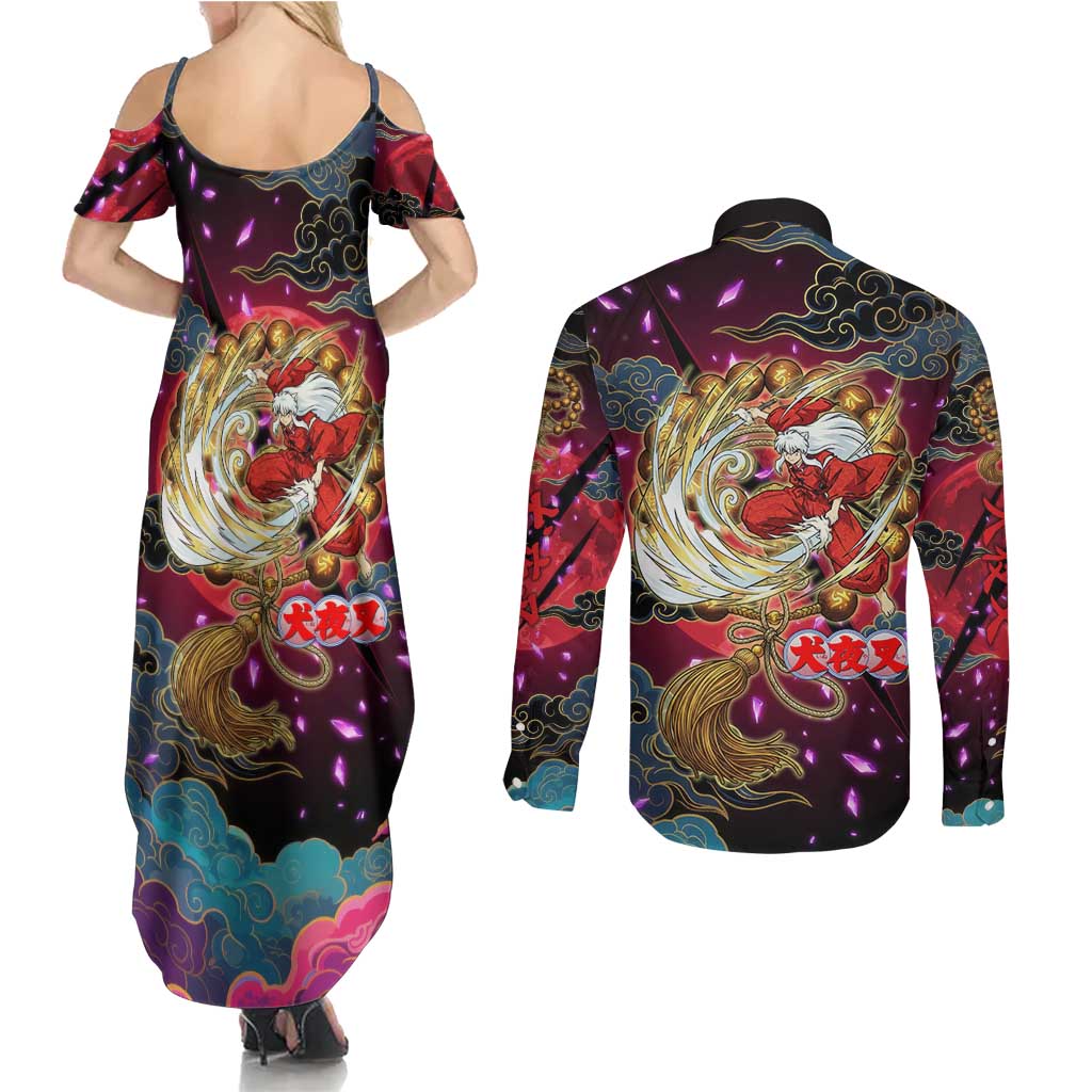Inuyasha Demon Slayer Warrior Couples Matching Summer Maxi Dress and Long Sleeve Button Shirt Japanese Tattoo Art Style with Fiery Claw Marks