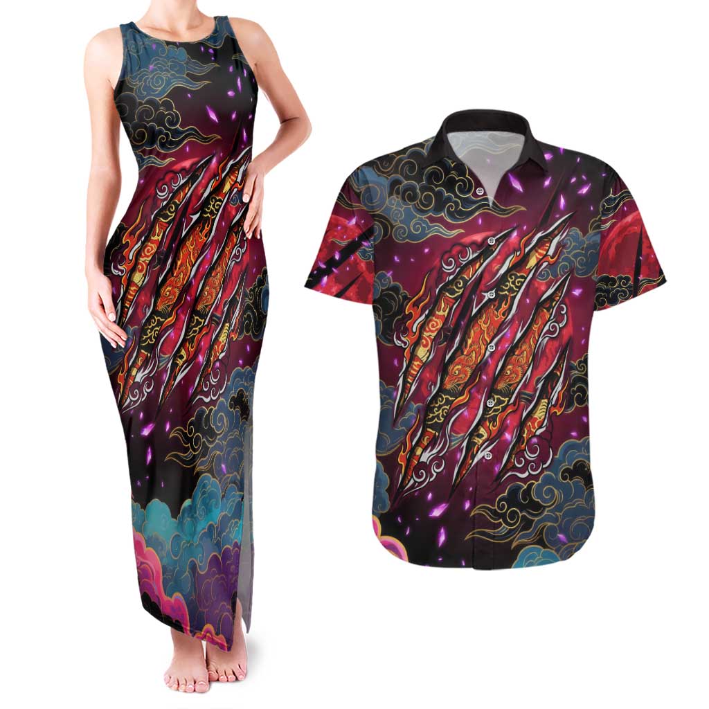 Inuyasha Demon Slayer Warrior Couples Matching Tank Maxi Dress and Hawaiian Shirt Japanese Tattoo Art Style with Fiery Claw Marks