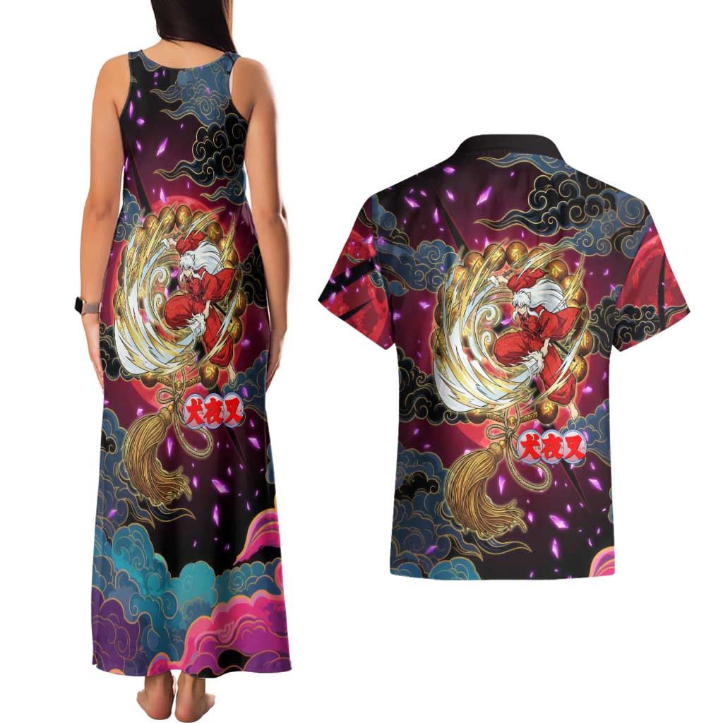 Inuyasha Demon Slayer Warrior Couples Matching Tank Maxi Dress and Hawaiian Shirt Japanese Tattoo Art Style with Fiery Claw Marks