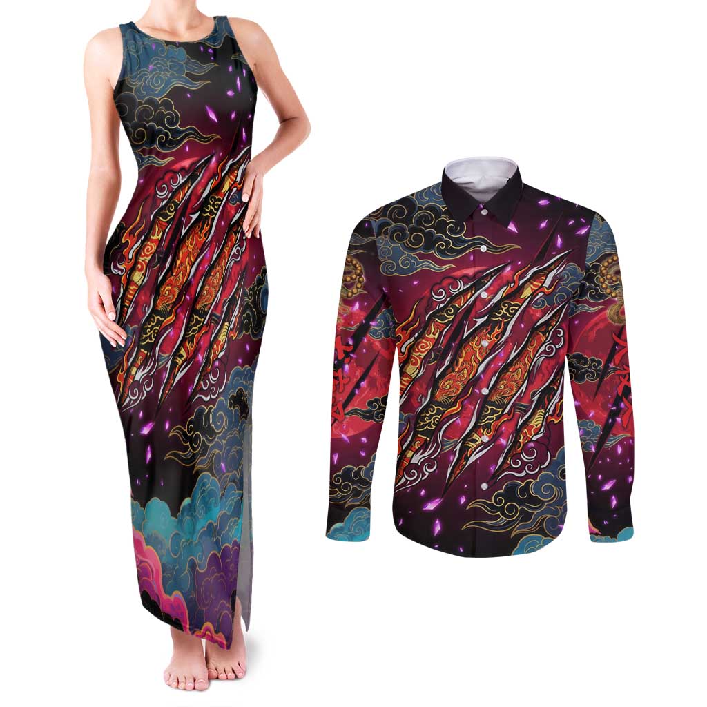 Inuyasha Demon Slayer Warrior Couples Matching Tank Maxi Dress and Long Sleeve Button Shirt Japanese Tattoo Art Style with Fiery Claw Marks