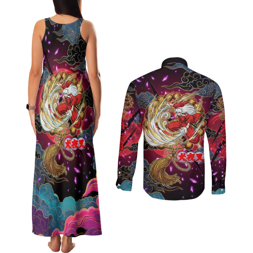 Inuyasha Demon Slayer Warrior Couples Matching Tank Maxi Dress and Long Sleeve Button Shirt Japanese Tattoo Art Style with Fiery Claw Marks