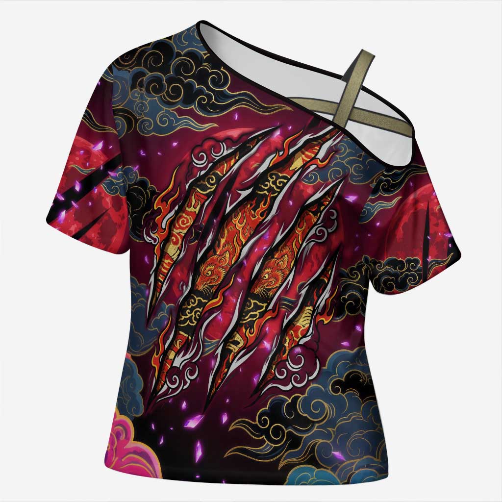 Inuyasha Demon Slayer Warrior Cross Shoulder Shirt Japanese Tattoo Art Style with Fiery Claw Marks