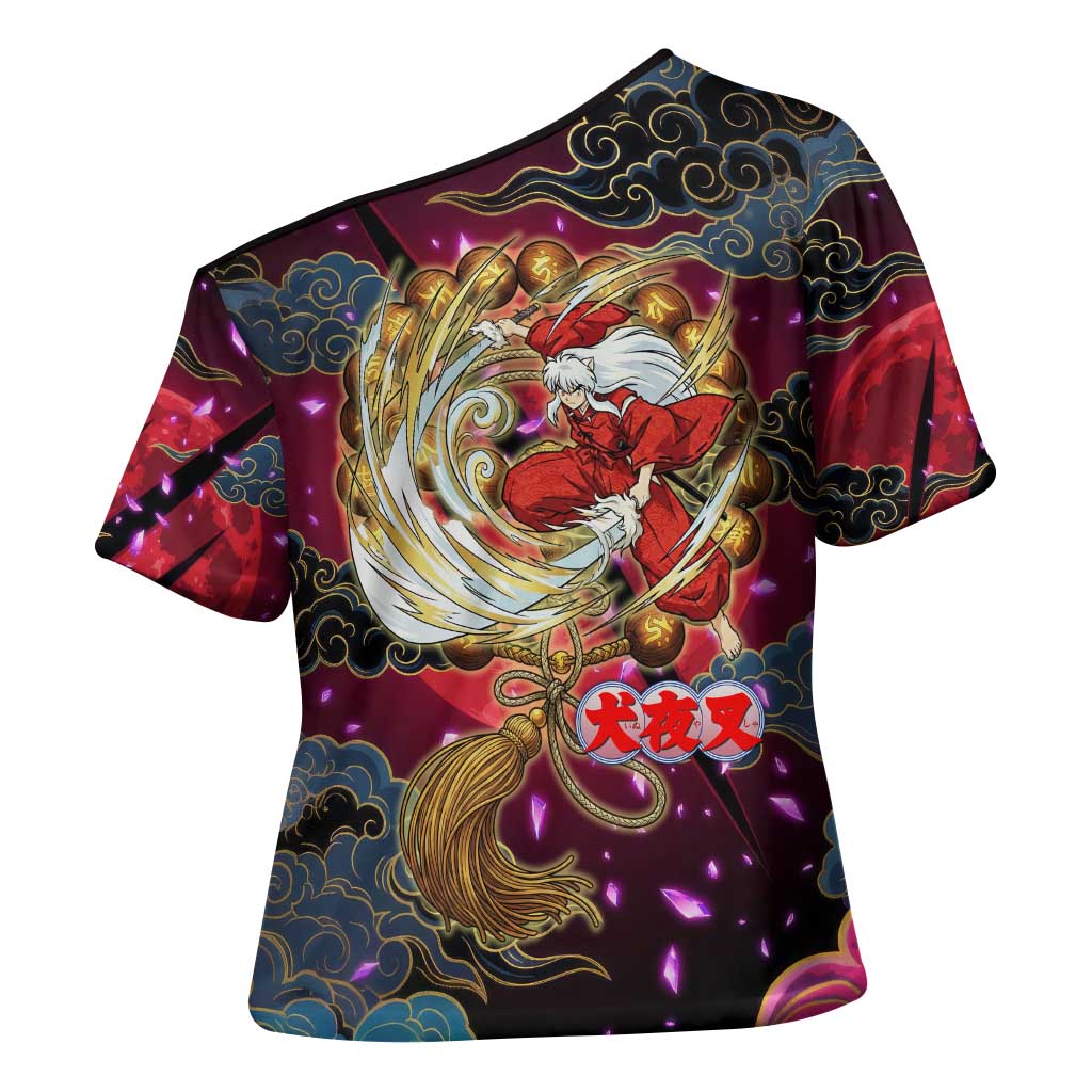 Inuyasha Demon Slayer Warrior Cross Shoulder Shirt Japanese Tattoo Art Style with Fiery Claw Marks
