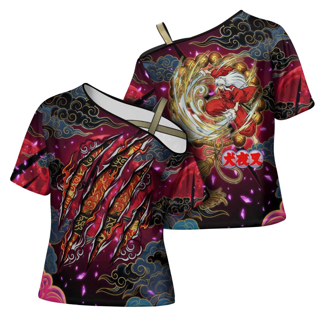 Inuyasha Demon Slayer Warrior Cross Shoulder Shirt Japanese Tattoo Art Style with Fiery Claw Marks
