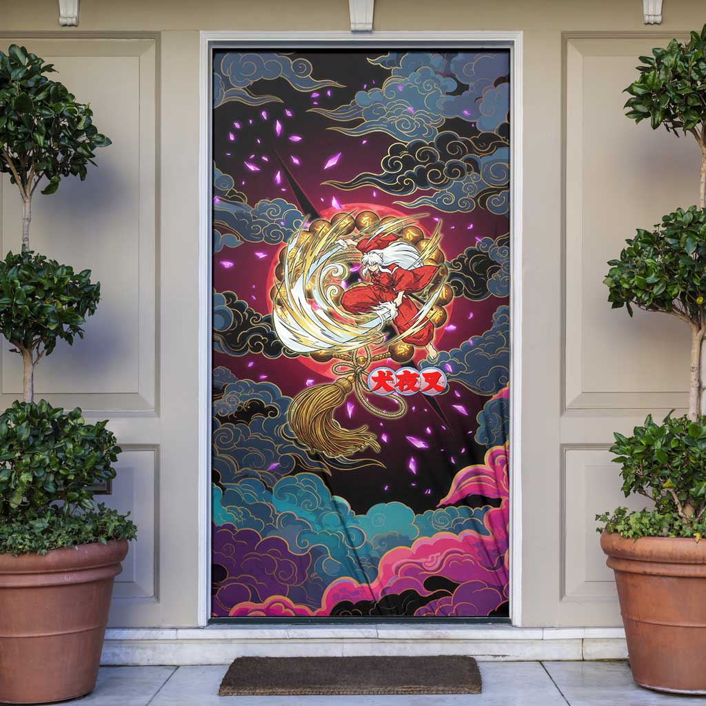 Inuyasha Demon Slayer Warrior Door Cover Japanese Tattoo Art Style with Fiery Claw Marks