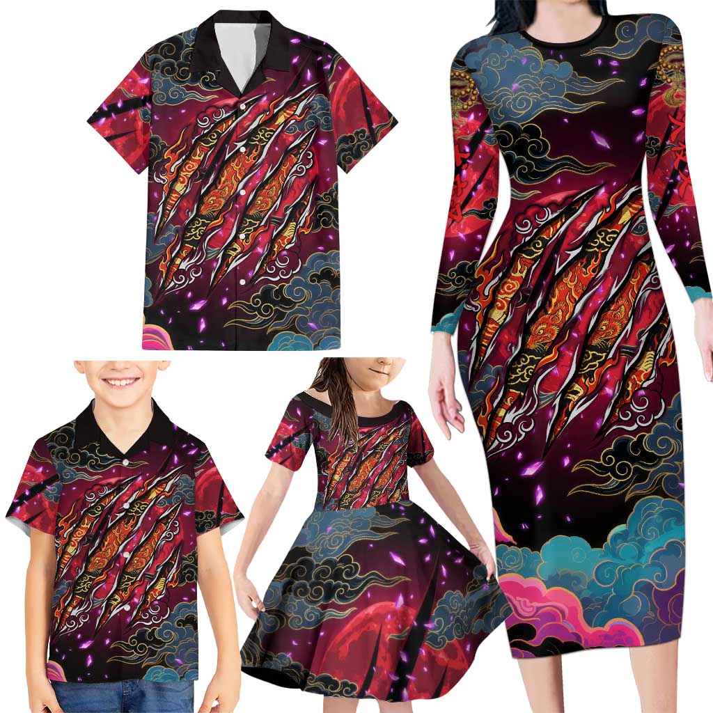 Inuyasha Demon Slayer Warrior Family Matching Long Sleeve Bodycon Dress and Hawaiian Shirt Japanese Tattoo Art Style with Fiery Claw Marks