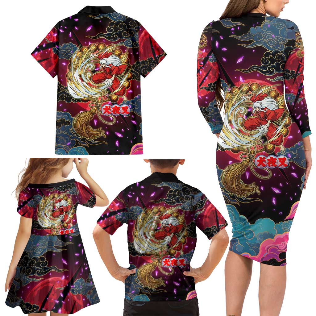 Inuyasha Demon Slayer Warrior Family Matching Long Sleeve Bodycon Dress and Hawaiian Shirt Japanese Tattoo Art Style with Fiery Claw Marks