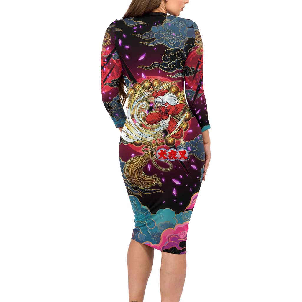 Inuyasha Demon Slayer Warrior Family Matching Long Sleeve Bodycon Dress and Hawaiian Shirt Japanese Tattoo Art Style with Fiery Claw Marks