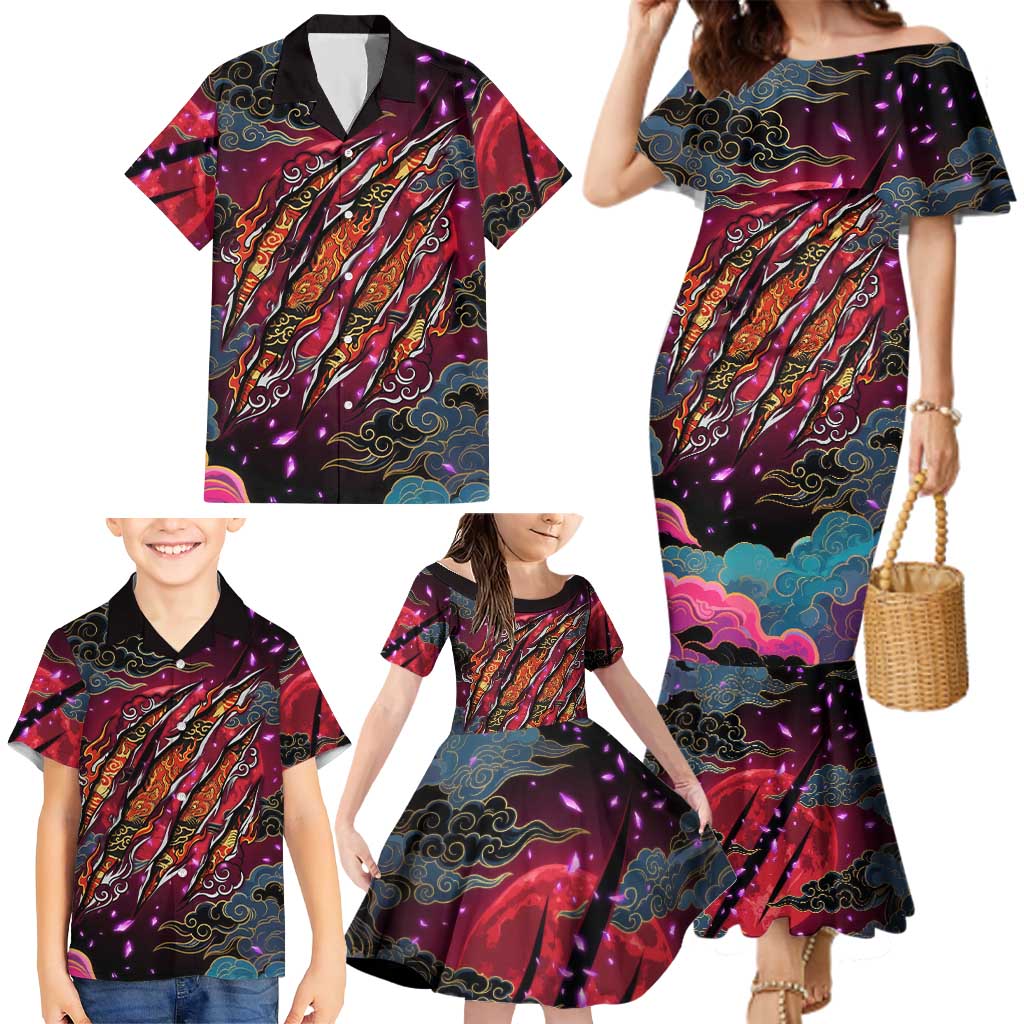 Inuyasha Demon Slayer Warrior Family Matching Mermaid Dress and Hawaiian Shirt Japanese Tattoo Art Style with Fiery Claw Marks