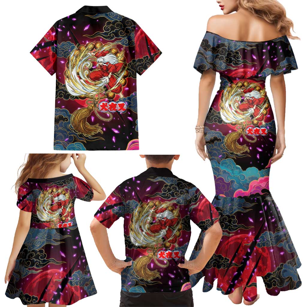 Inuyasha Demon Slayer Warrior Family Matching Mermaid Dress and Hawaiian Shirt Japanese Tattoo Art Style with Fiery Claw Marks