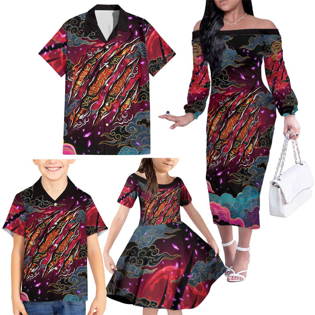 Inuyasha Demon Slayer Warrior Family Matching Off The Shoulder Long Sleeve Dress and Hawaiian Shirt Japanese Tattoo Art Style with Fiery Claw Marks