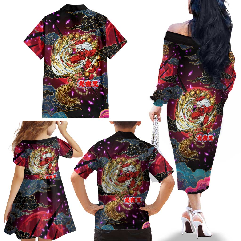 Inuyasha Demon Slayer Warrior Family Matching Off The Shoulder Long Sleeve Dress and Hawaiian Shirt Japanese Tattoo Art Style with Fiery Claw Marks