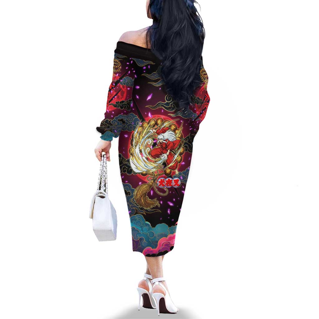Inuyasha Demon Slayer Warrior Family Matching Off The Shoulder Long Sleeve Dress and Hawaiian Shirt Japanese Tattoo Art Style with Fiery Claw Marks