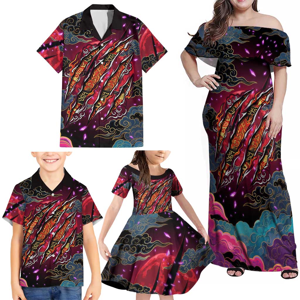 Inuyasha Demon Slayer Warrior Family Matching Off Shoulder Maxi Dress and Hawaiian Shirt Japanese Tattoo Art Style with Fiery Claw Marks
