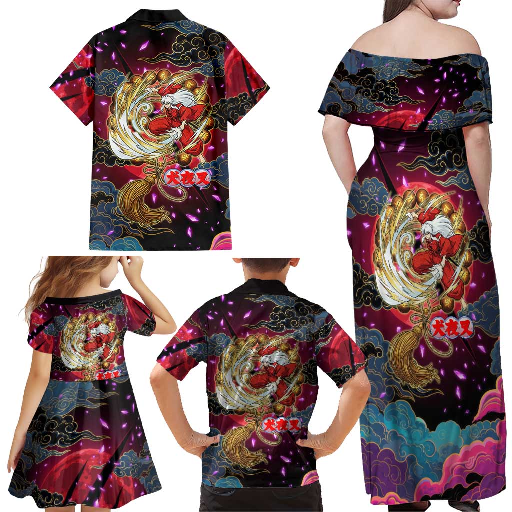 Inuyasha Demon Slayer Warrior Family Matching Off Shoulder Maxi Dress and Hawaiian Shirt Japanese Tattoo Art Style with Fiery Claw Marks