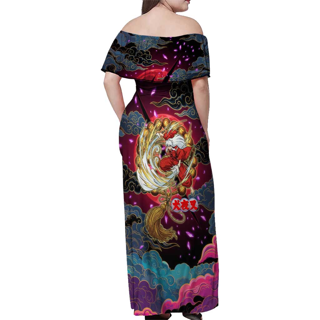 Inuyasha Demon Slayer Warrior Family Matching Off Shoulder Maxi Dress and Hawaiian Shirt Japanese Tattoo Art Style with Fiery Claw Marks