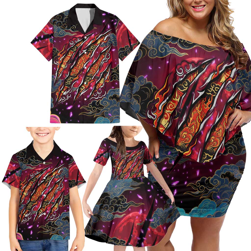 Inuyasha Demon Slayer Warrior Family Matching Off Shoulder Short Dress and Hawaiian Shirt Japanese Tattoo Art Style with Fiery Claw Marks