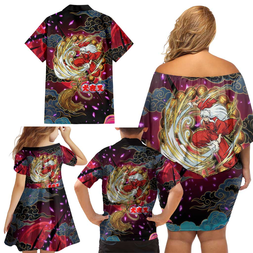 Inuyasha Demon Slayer Warrior Family Matching Off Shoulder Short Dress and Hawaiian Shirt Japanese Tattoo Art Style with Fiery Claw Marks