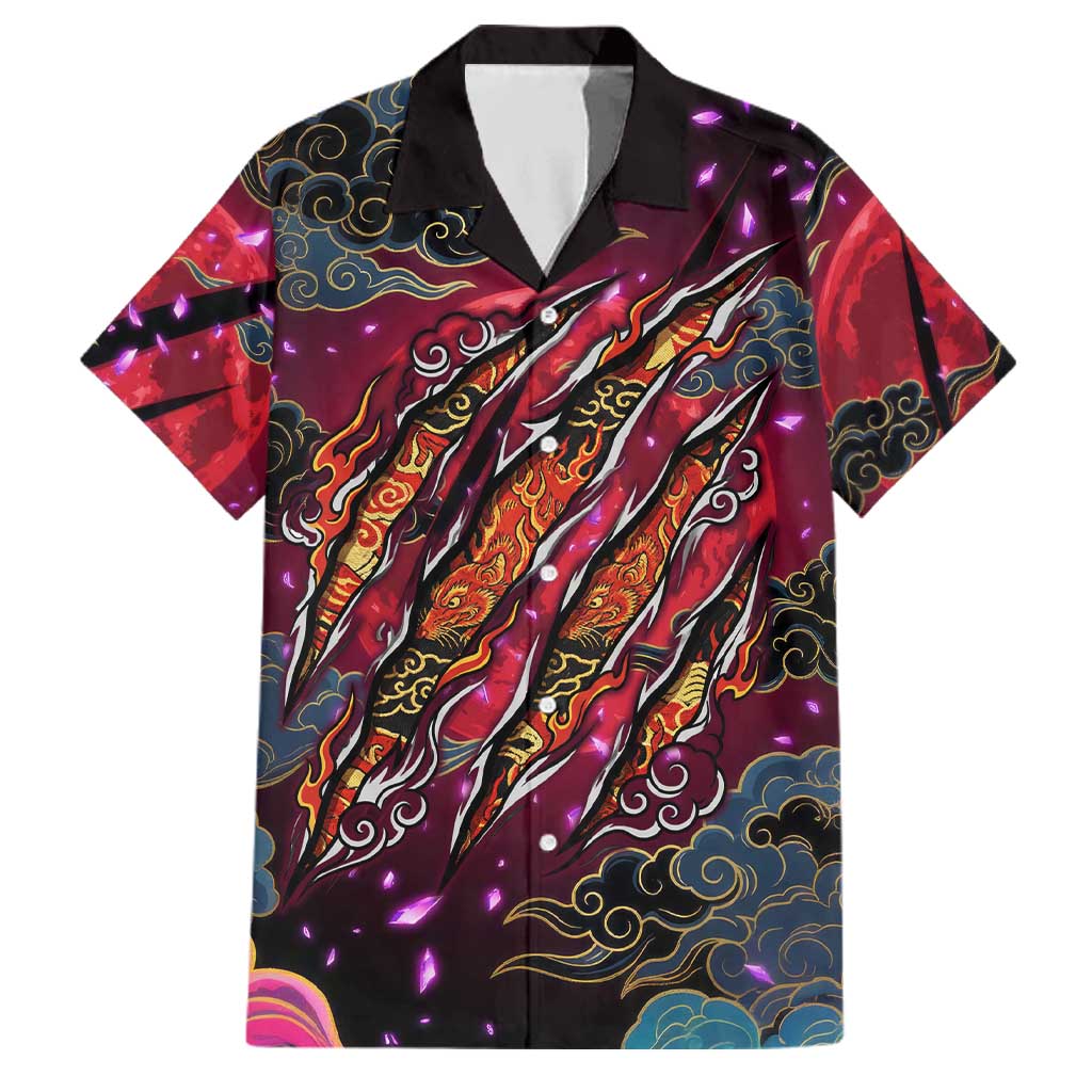 Inuyasha Demon Slayer Warrior Family Matching Off Shoulder Short Dress and Hawaiian Shirt Japanese Tattoo Art Style with Fiery Claw Marks