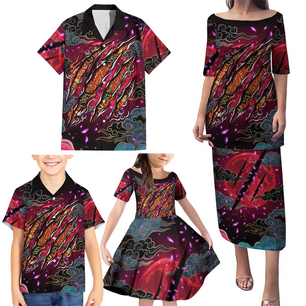 Inuyasha Demon Slayer Warrior Family Matching Puletasi and Hawaiian Shirt Japanese Tattoo Art Style with Fiery Claw Marks
