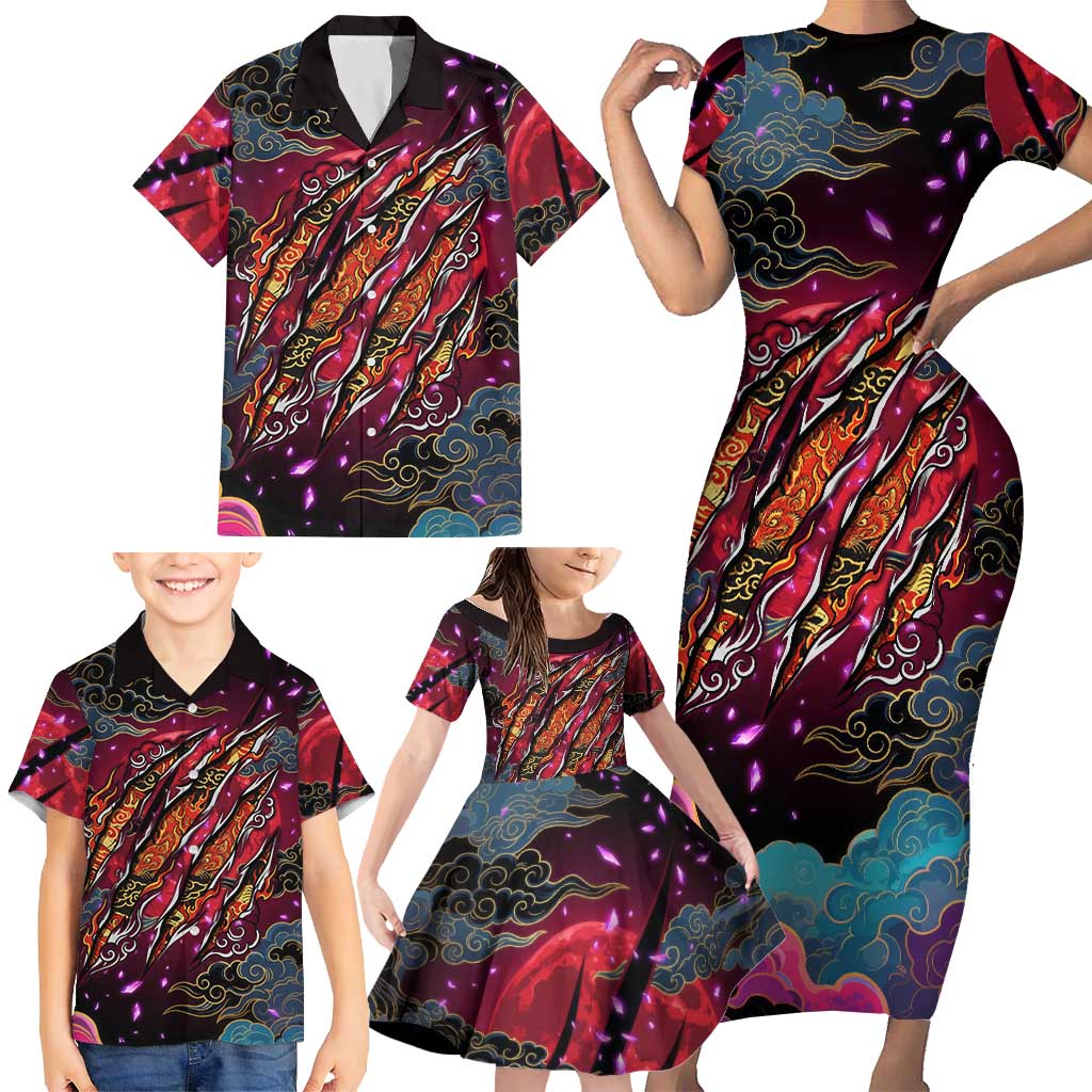 Inuyasha Demon Slayer Warrior Family Matching Short Sleeve Bodycon Dress and Hawaiian Shirt Japanese Tattoo Art Style with Fiery Claw Marks