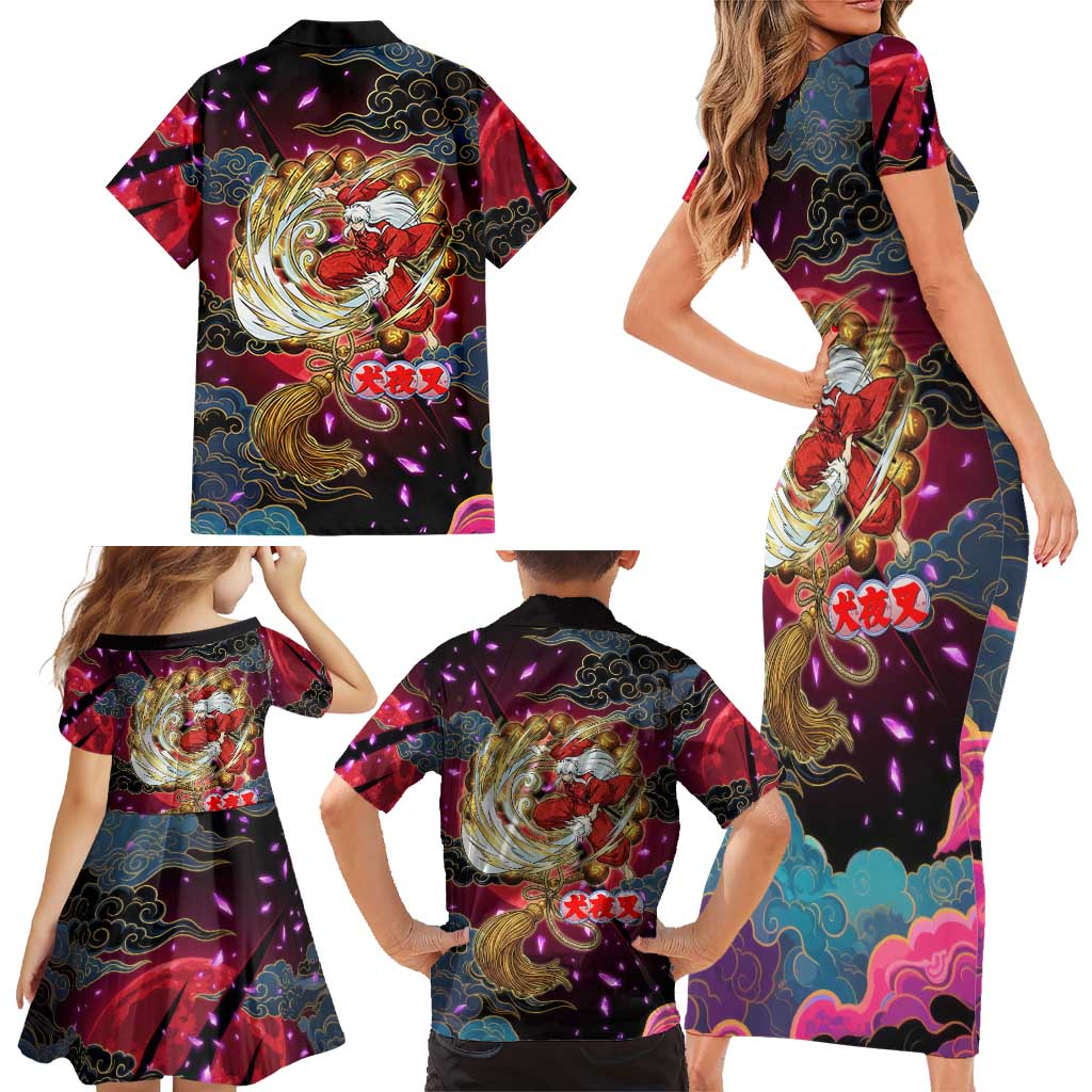 Inuyasha Demon Slayer Warrior Family Matching Short Sleeve Bodycon Dress and Hawaiian Shirt Japanese Tattoo Art Style with Fiery Claw Marks