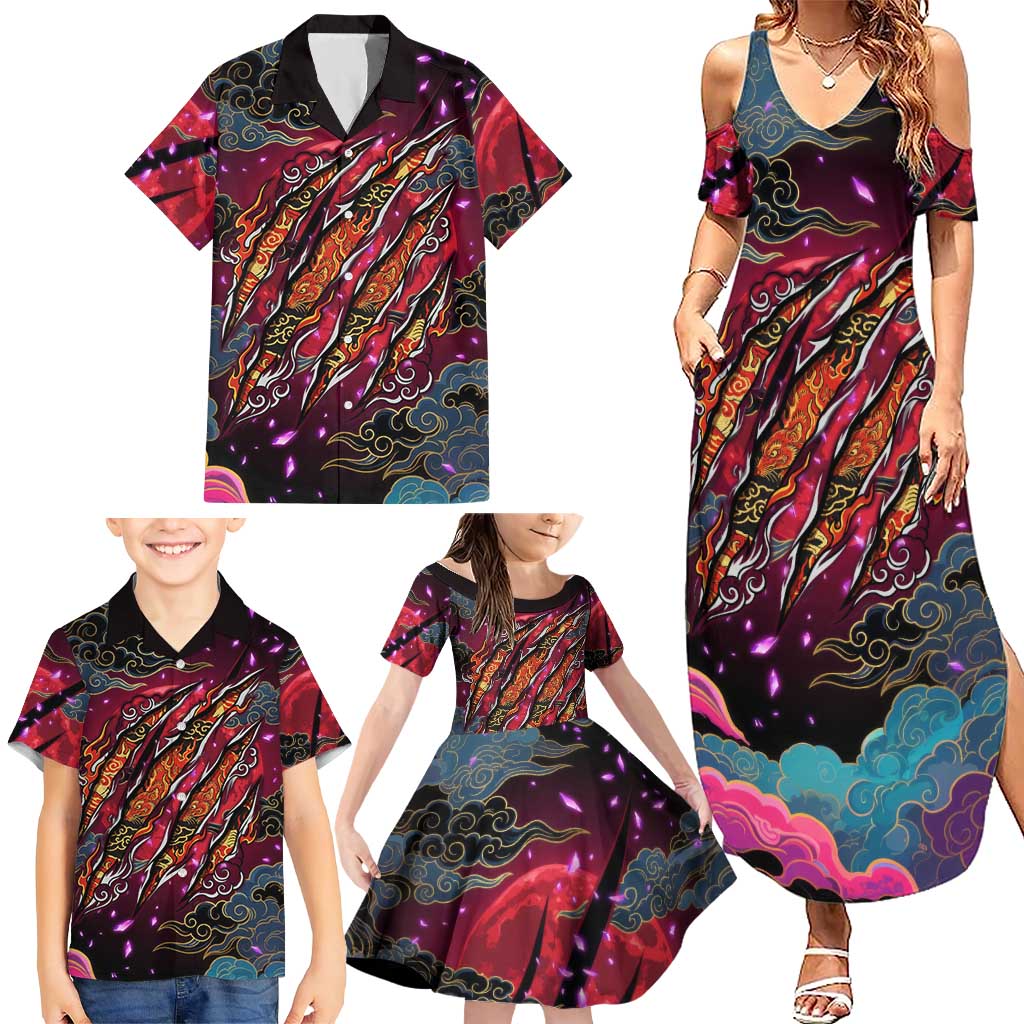 Inuyasha Demon Slayer Warrior Family Matching Summer Maxi Dress and Hawaiian Shirt Japanese Tattoo Art Style with Fiery Claw Marks
