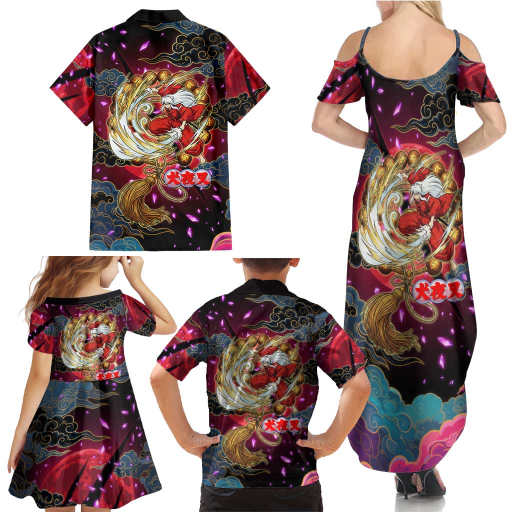 Inuyasha Demon Slayer Warrior Family Matching Summer Maxi Dress and Hawaiian Shirt Japanese Tattoo Art Style with Fiery Claw Marks