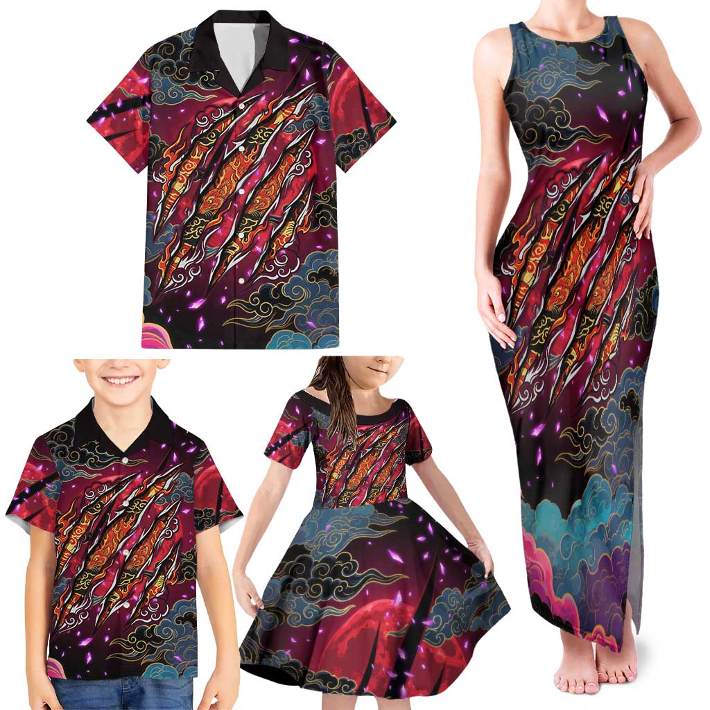 Inuyasha Demon Slayer Warrior Family Matching Tank Maxi Dress and Hawaiian Shirt Japanese Tattoo Art Style with Fiery Claw Marks