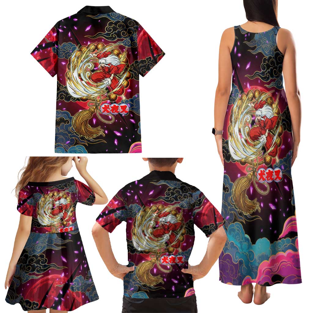 Inuyasha Demon Slayer Warrior Family Matching Tank Maxi Dress and Hawaiian Shirt Japanese Tattoo Art Style with Fiery Claw Marks