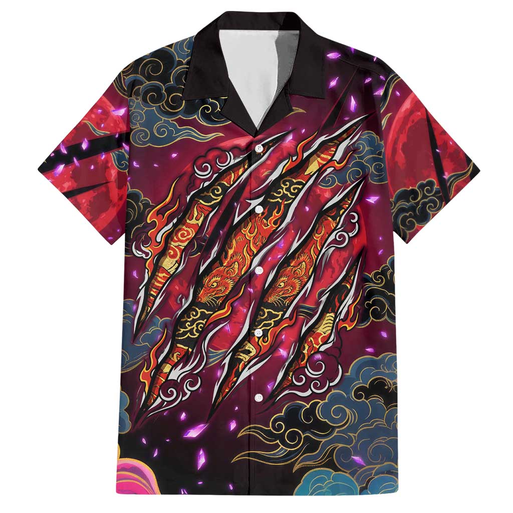 Inuyasha Demon Slayer Warrior Hawaiian Shirt Japanese Tattoo Art Style with Fiery Claw Marks