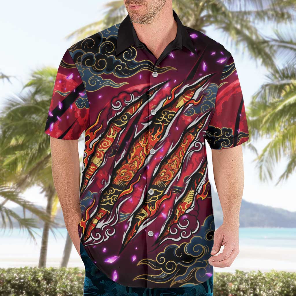 Inuyasha Demon Slayer Warrior Hawaiian Shirt Japanese Tattoo Art Style with Fiery Claw Marks