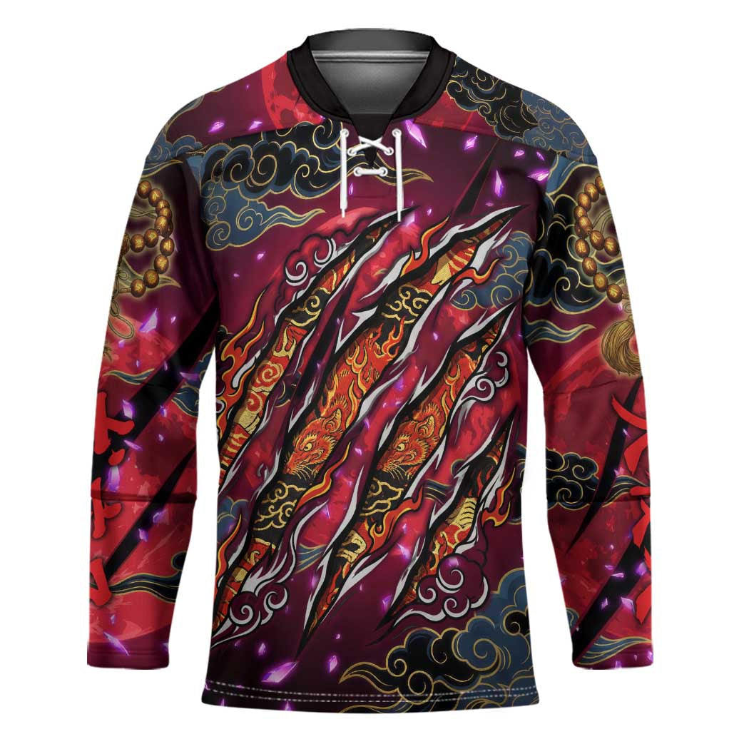 Inuyasha Demon Slayer Warrior Hockey Jersey Japanese Tattoo Art Style with Fiery Claw Marks
