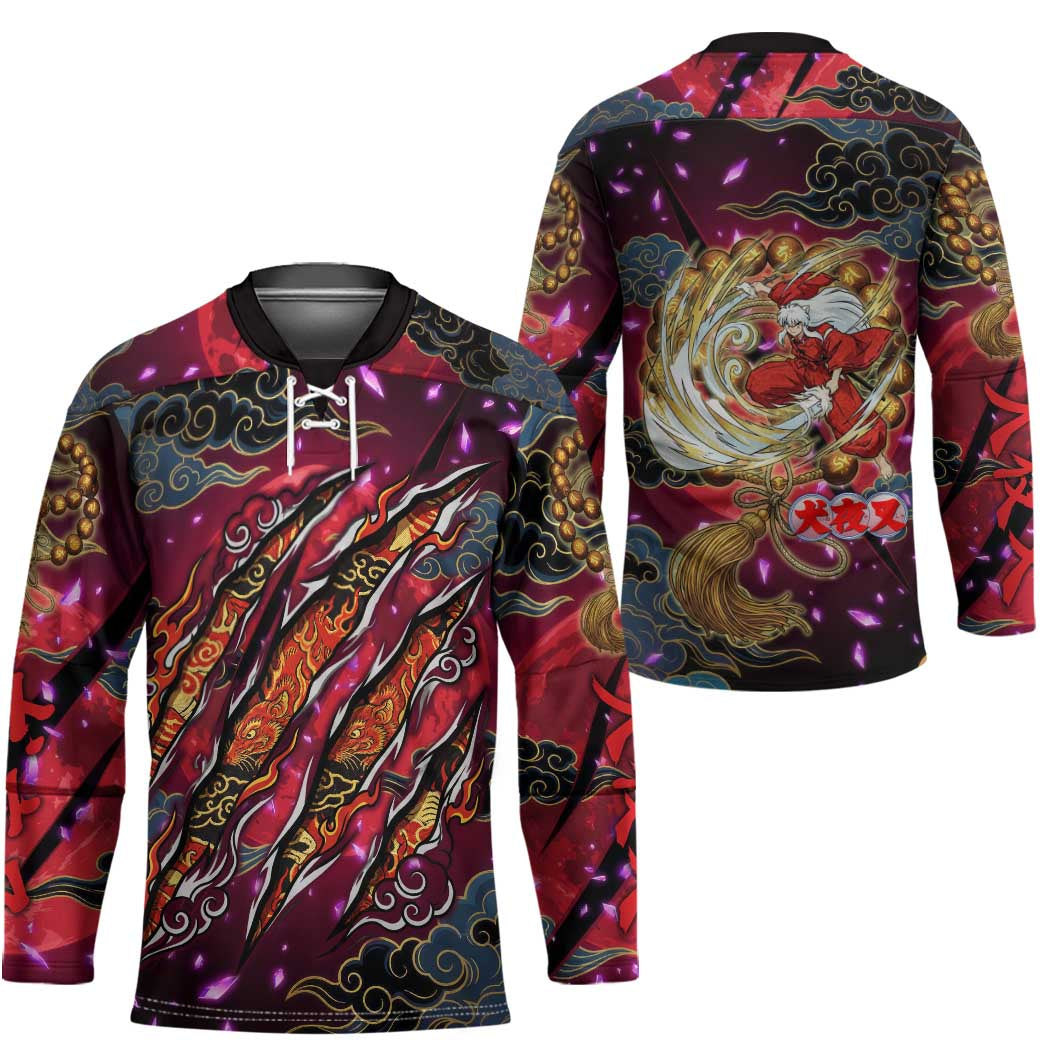 Inuyasha Demon Slayer Warrior Hockey Jersey Japanese Tattoo Art Style with Fiery Claw Marks
