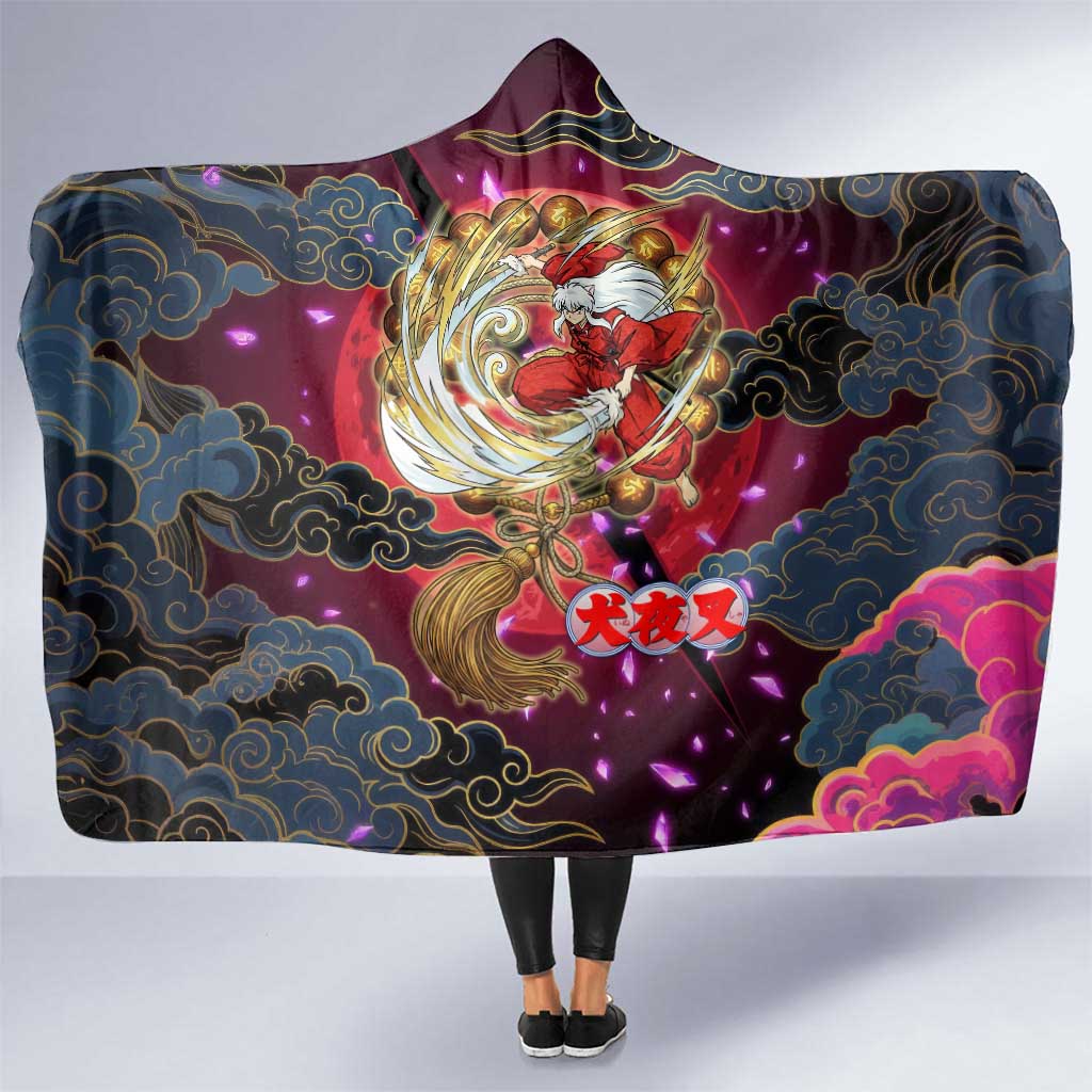 Inuyasha Demon Slayer Warrior Hooded Blanket Japanese Tattoo Art Style with Fiery Claw Marks