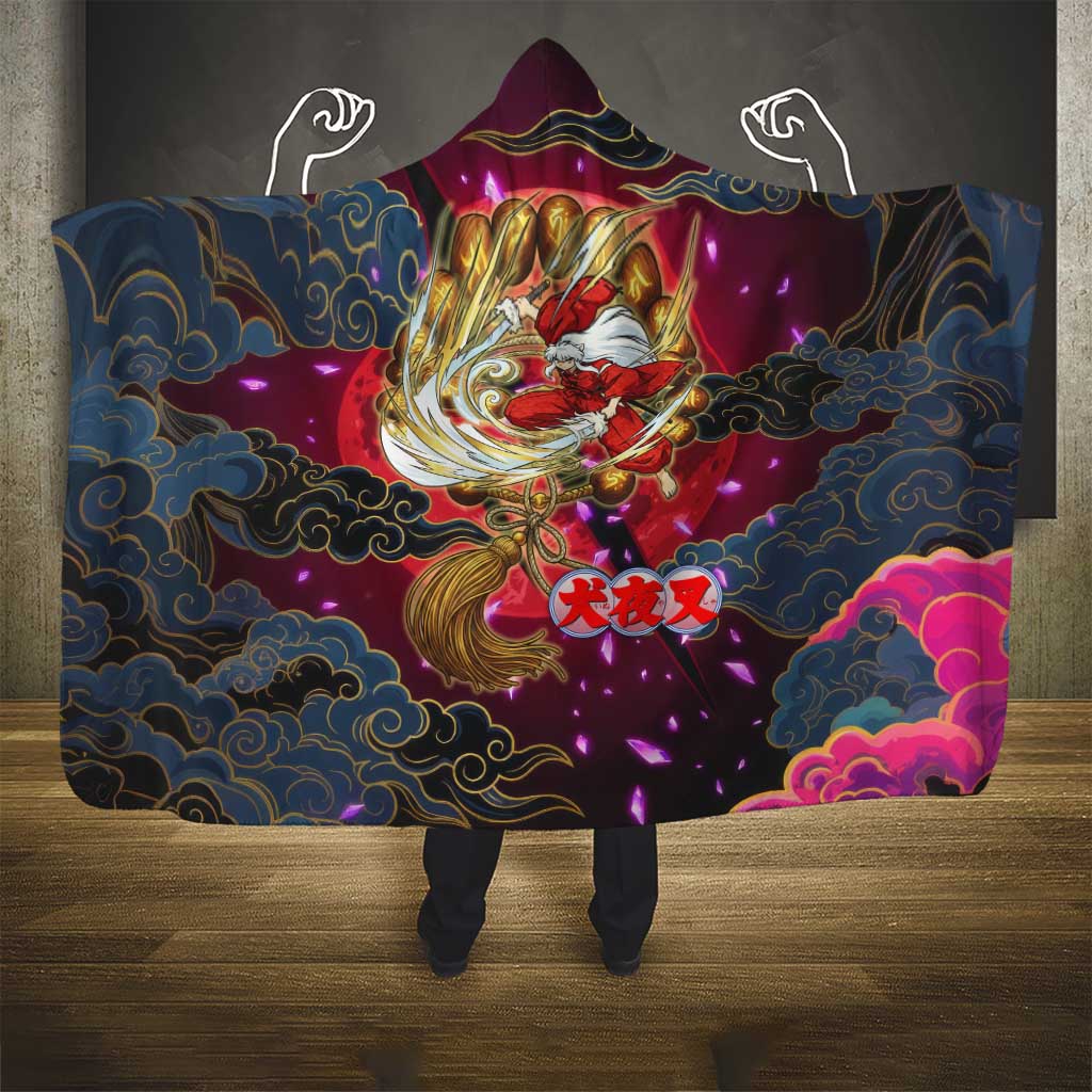 Inuyasha Demon Slayer Warrior Hooded Blanket Japanese Tattoo Art Style with Fiery Claw Marks