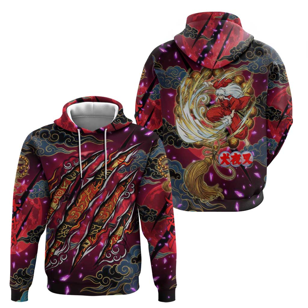 Inuyasha Demon Slayer Warrior Hoodie Japanese Tattoo Art Style with Fiery Claw Marks