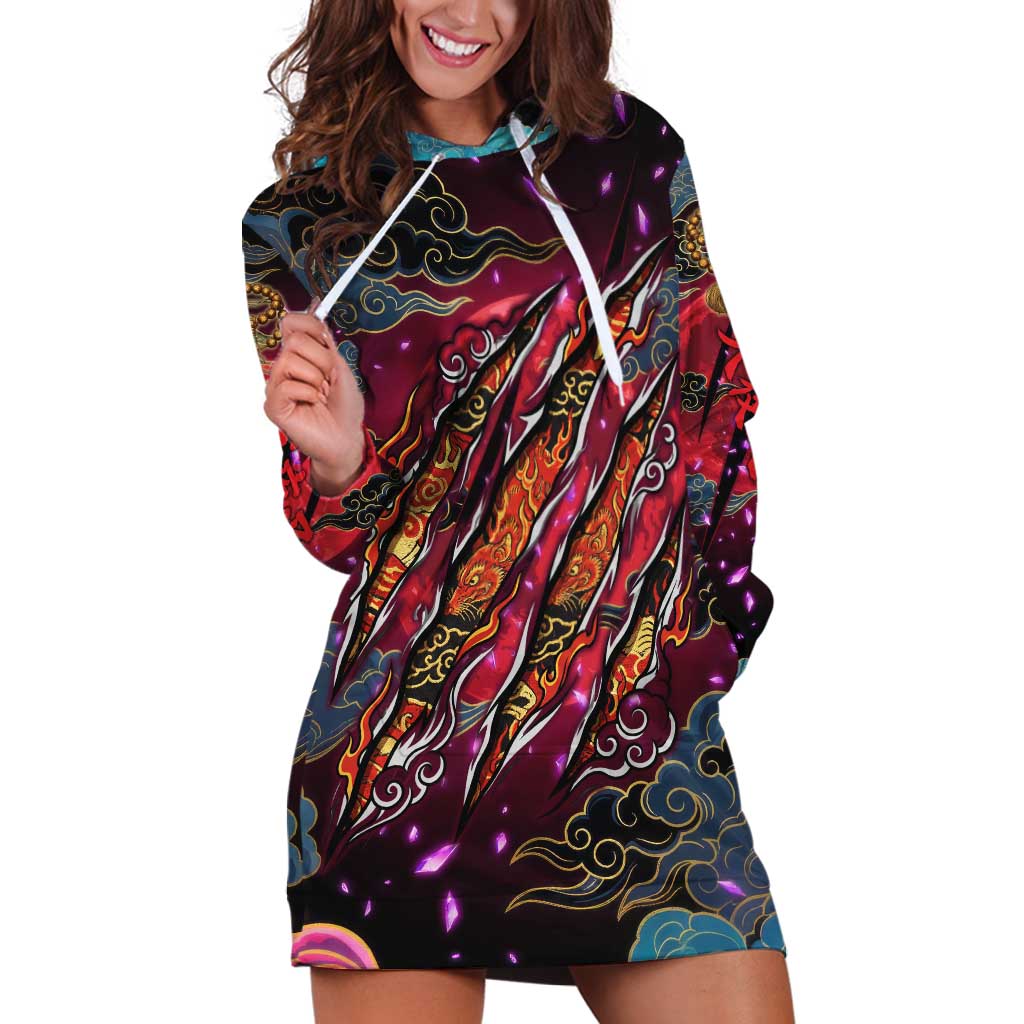 Inuyasha Demon Slayer Warrior Hoodie Dress Japanese Tattoo Art Style with Fiery Claw Marks