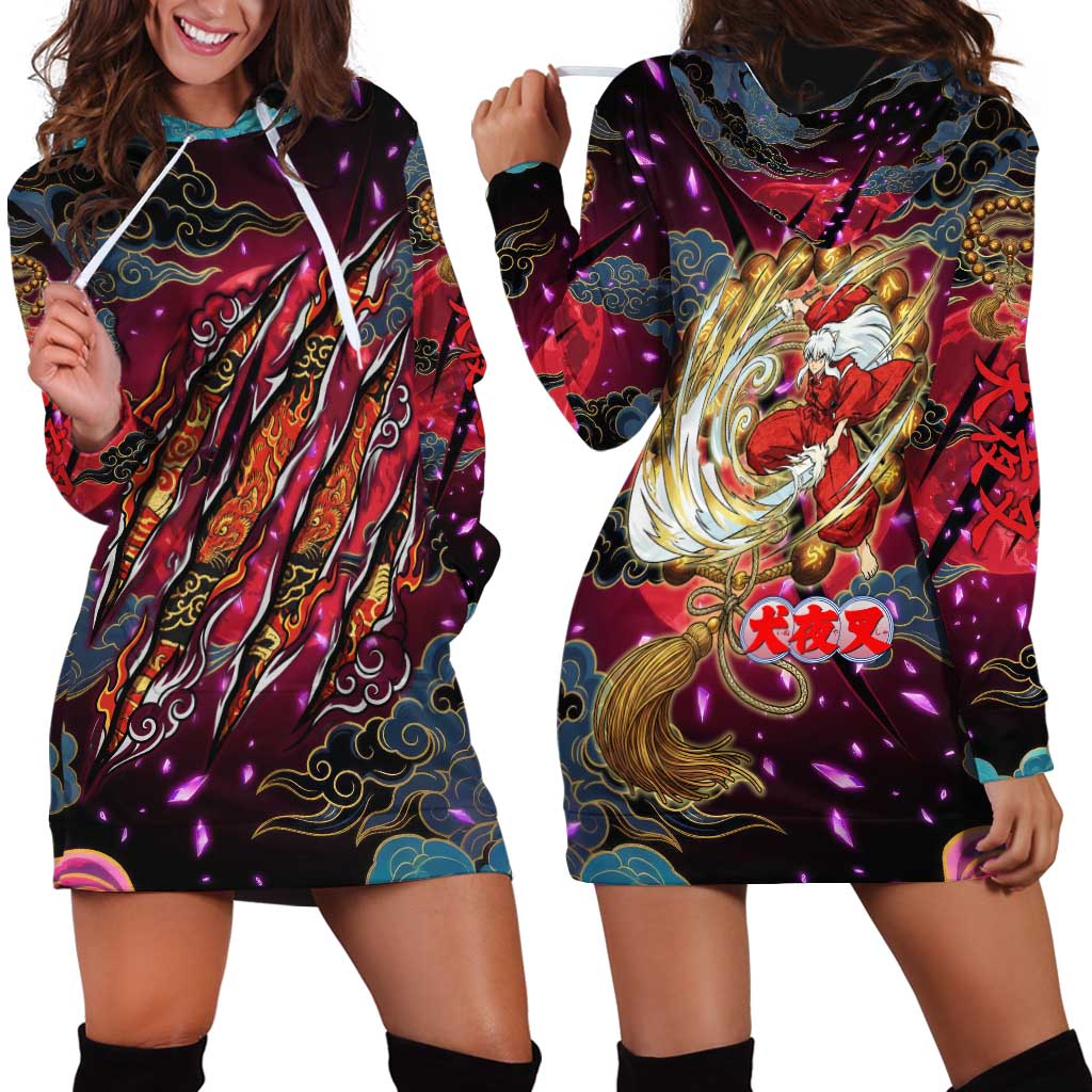 Inuyasha Demon Slayer Warrior Hoodie Dress Japanese Tattoo Art Style with Fiery Claw Marks