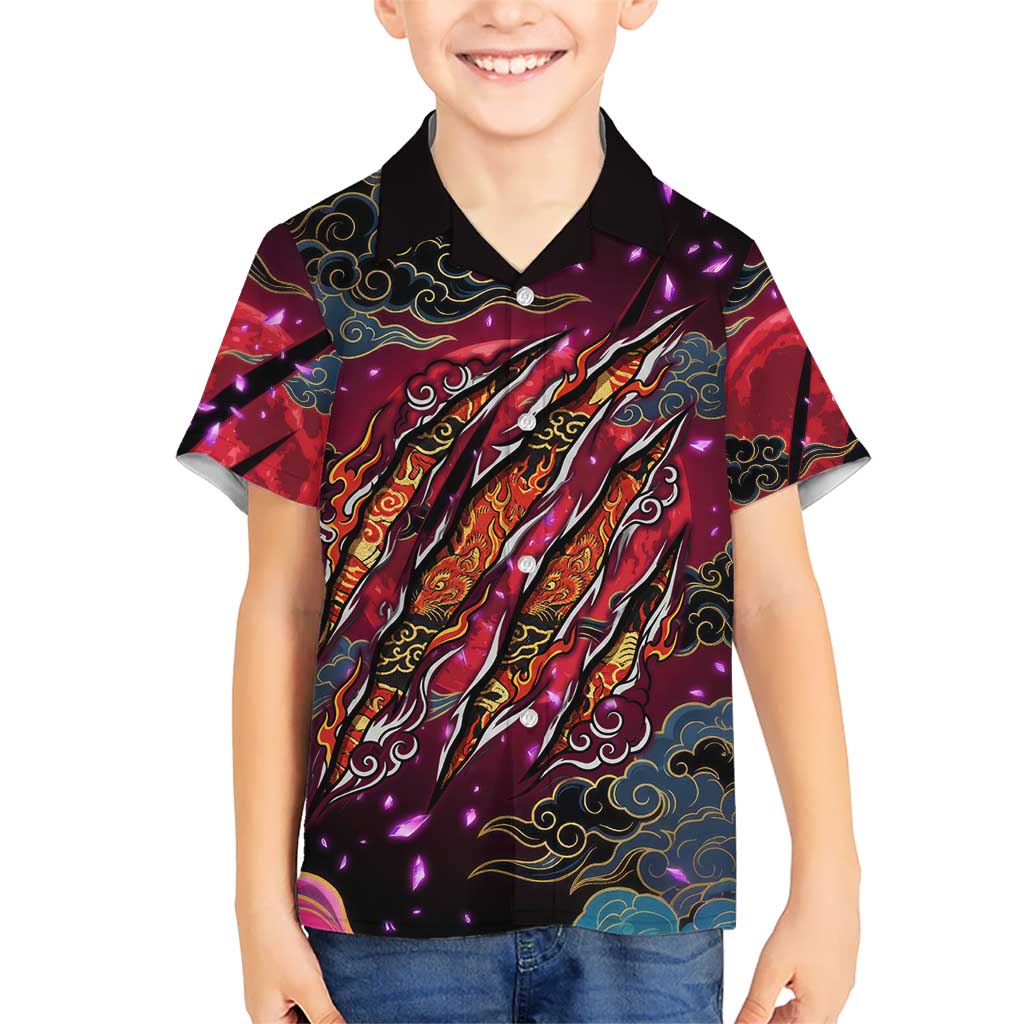 Inuyasha Demon Slayer Warrior Kid Hawaiian Shirt Japanese Tattoo Art Style with Fiery Claw Marks