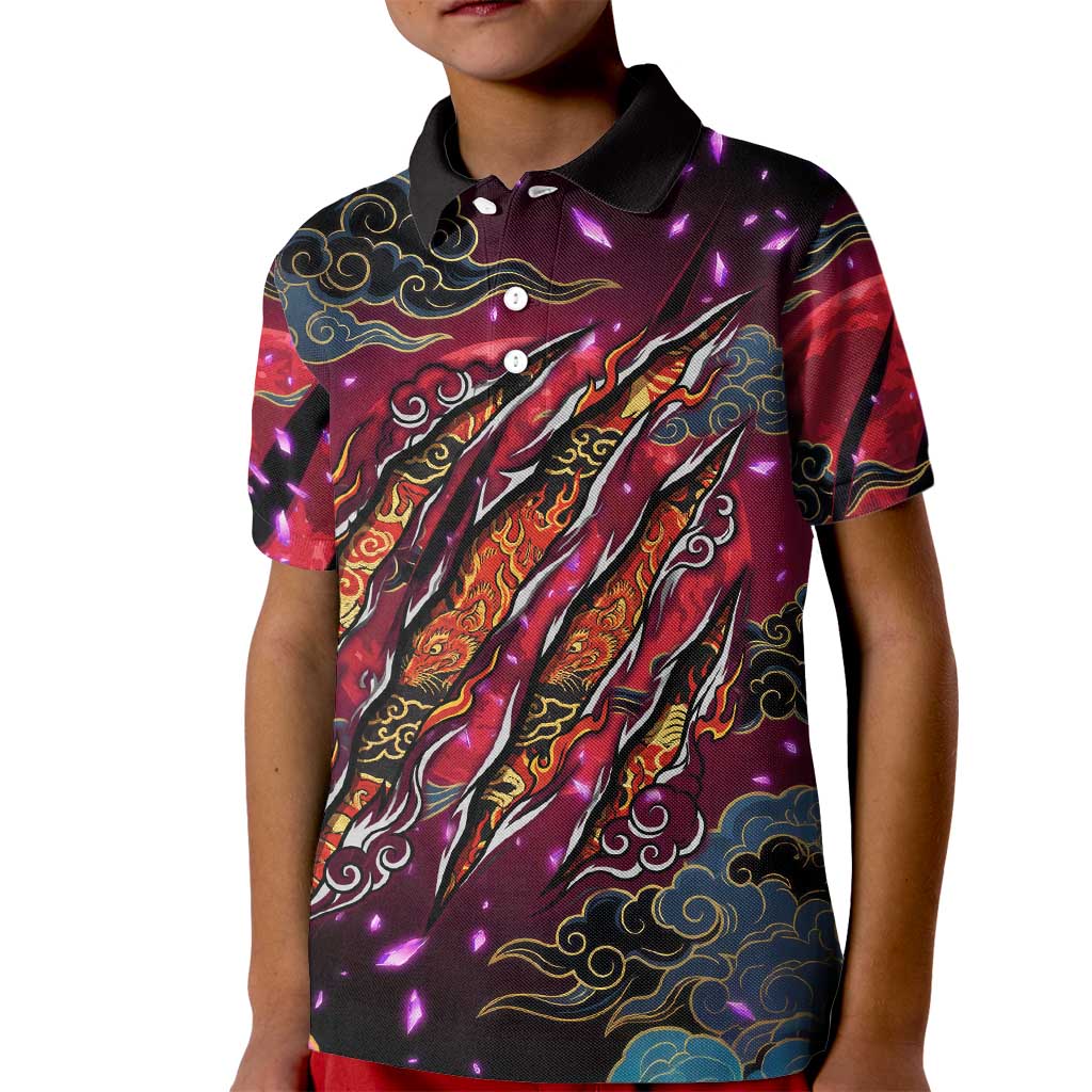 Inuyasha Demon Slayer Warrior Kid Polo Shirt Japanese Tattoo Art Style with Fiery Claw Marks