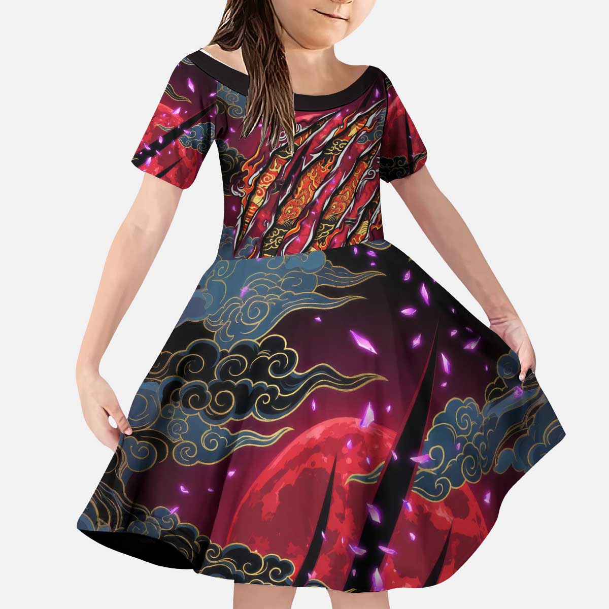 Inuyasha Demon Slayer Warrior Kid Short Sleeve Dress Japanese Tattoo Art Style with Fiery Claw Marks