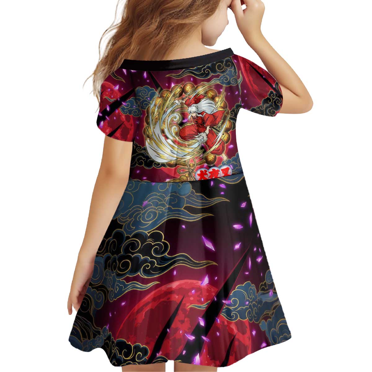Inuyasha Demon Slayer Warrior Kid Short Sleeve Dress Japanese Tattoo Art Style with Fiery Claw Marks