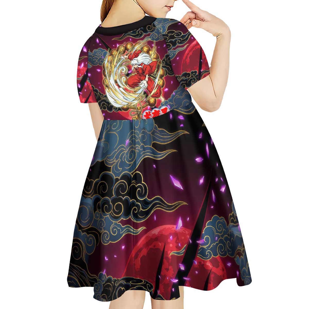 Inuyasha Demon Slayer Warrior Kid Short Sleeve Dress Japanese Tattoo Art Style with Fiery Claw Marks