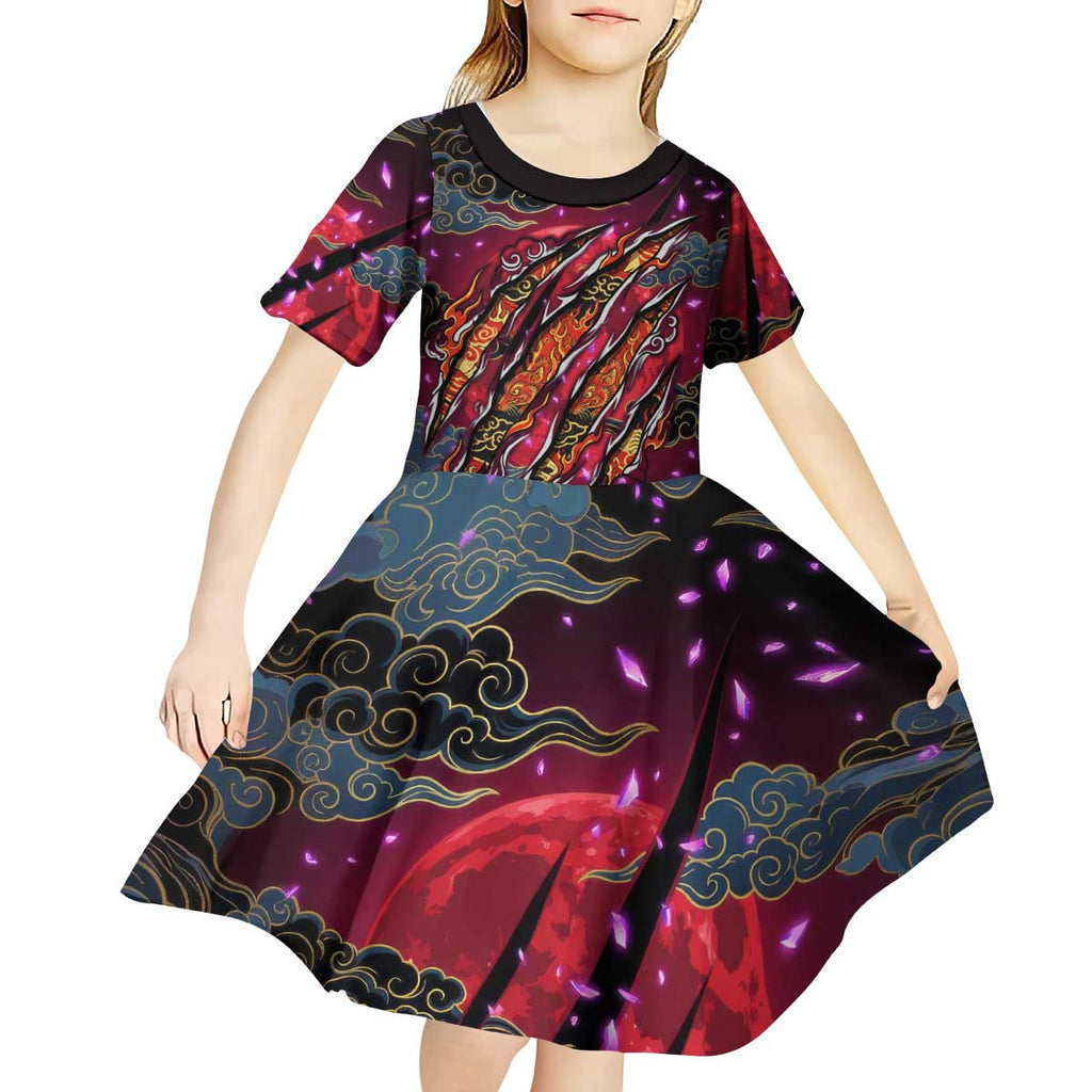 Inuyasha Demon Slayer Warrior Kid Short Sleeve Dress Japanese Tattoo Art Style with Fiery Claw Marks