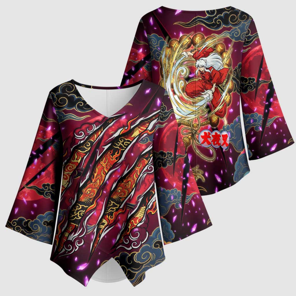 Inuyasha Demon Slayer Warrior Kimono Sleeve Blouse Japanese Tattoo Art Style with Fiery Claw Marks